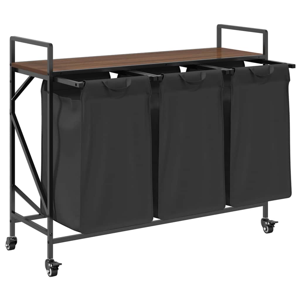 vasketøjskurv 3 rum med hjul brun egetræsfarve