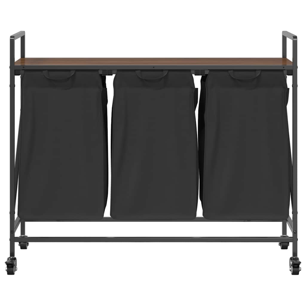 vasketøjskurv 3 rum med hjul brun egetræsfarve