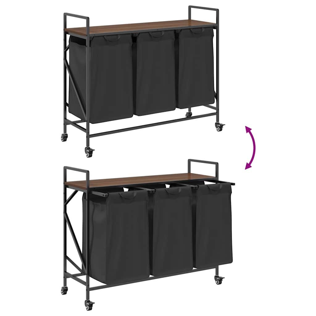 vasketøjskurv 3 rum med hjul brun egetræsfarve