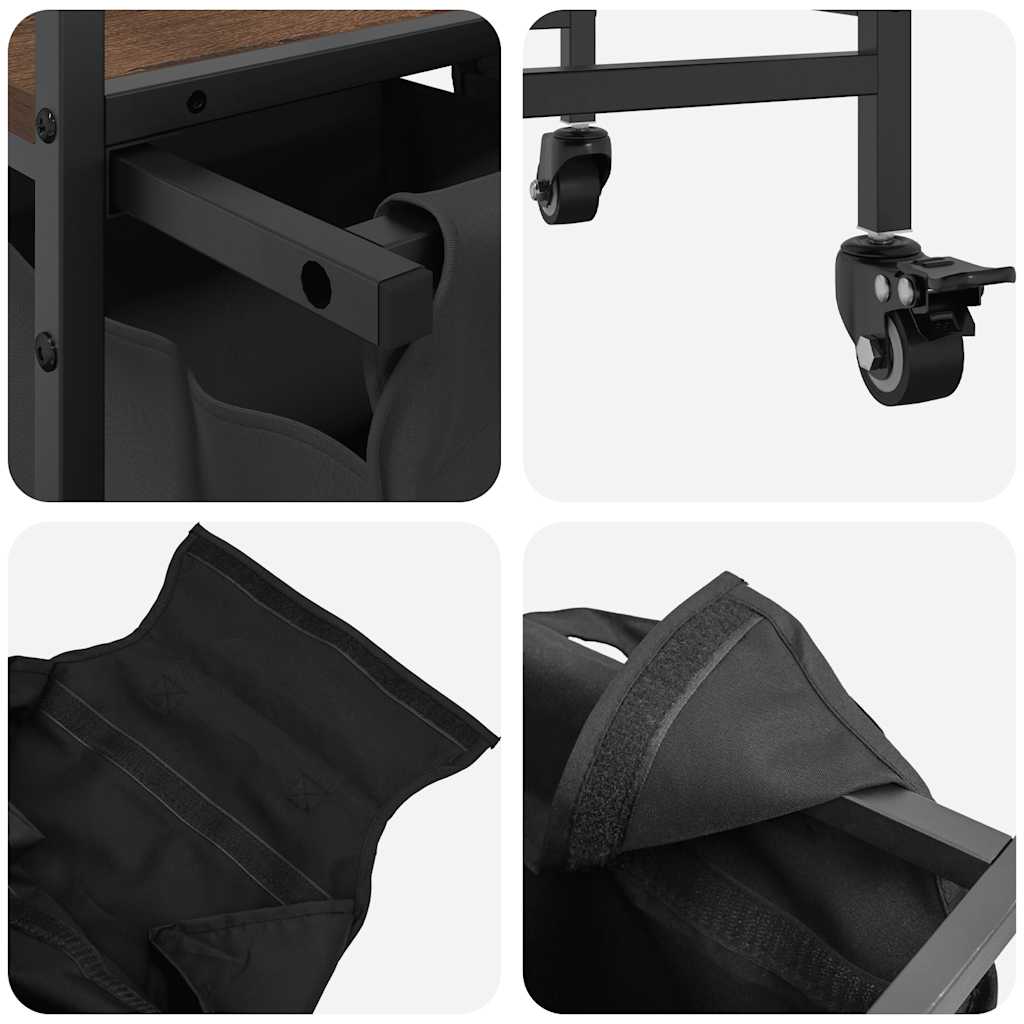 vasketøjskurv 3 rum med hjul brun egetræsfarve