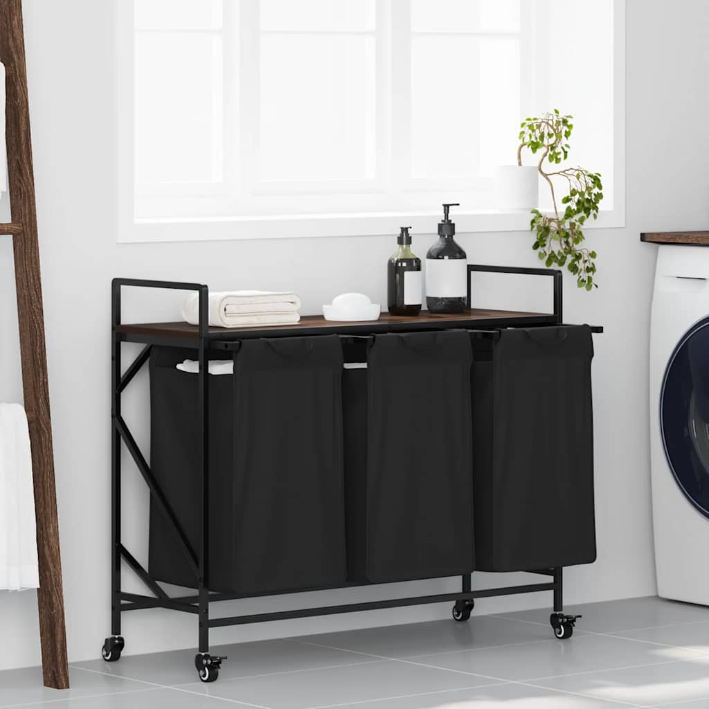 vasketøjskurv 3 rum med hjul brun egetræsfarve