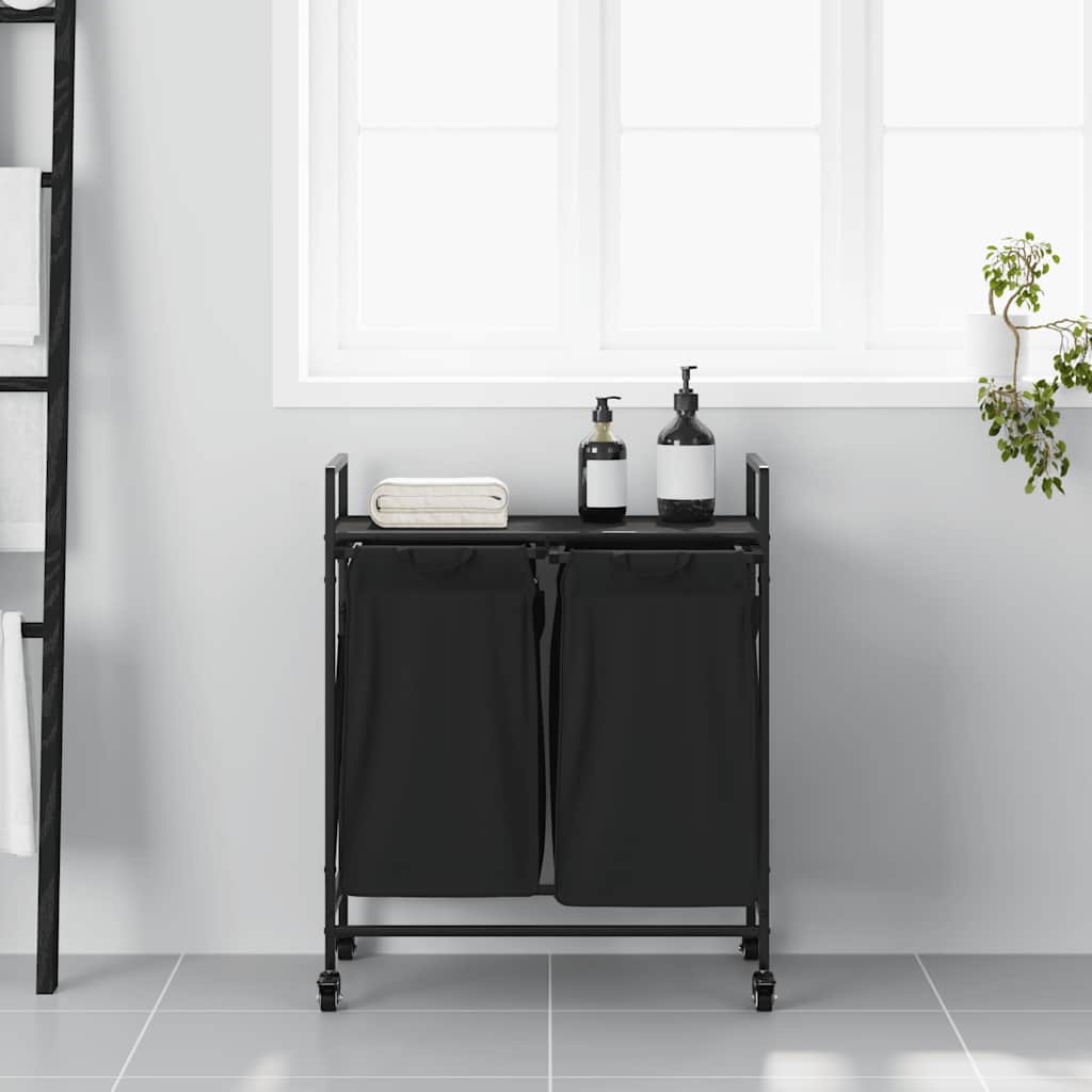 vasketøjskurv 2 rum med hjul sort egetræsfarve