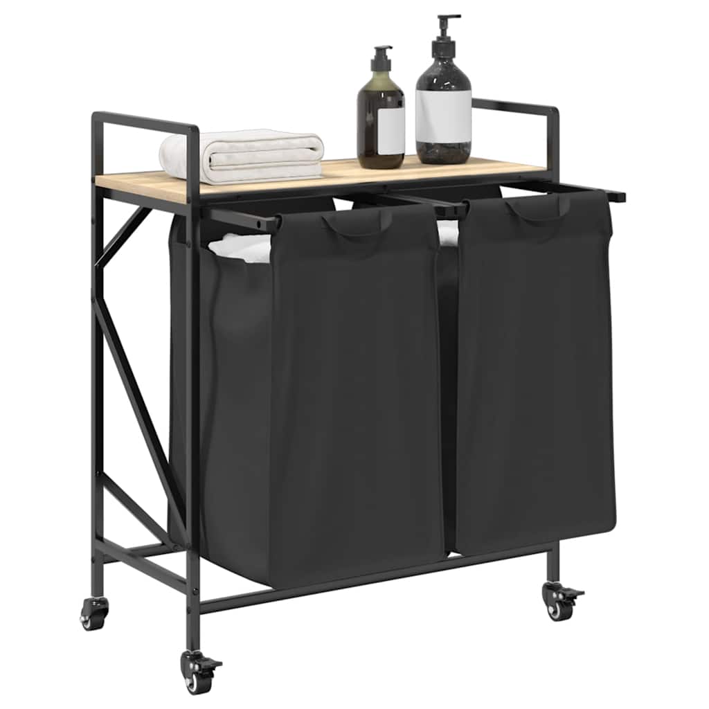 vasketøjskurv 2 rum med hjul sonoma-eg