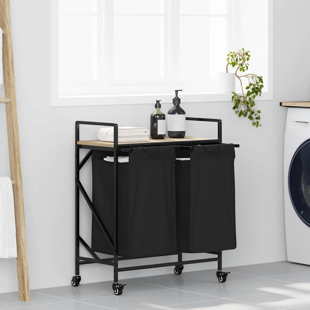 vasketøjskurv 2 rum med hjul sonoma-eg