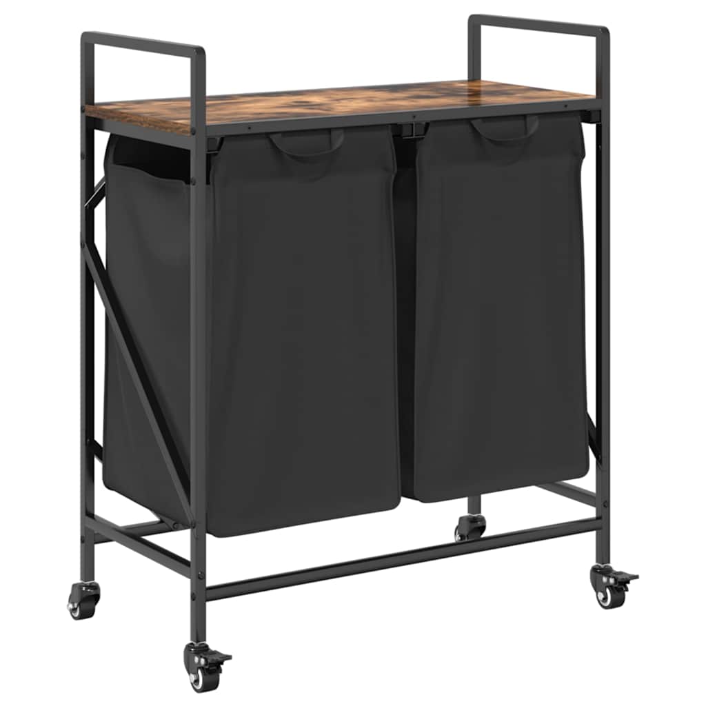 vasketøjskurv 2 rum med hjul røget egetræsfarve