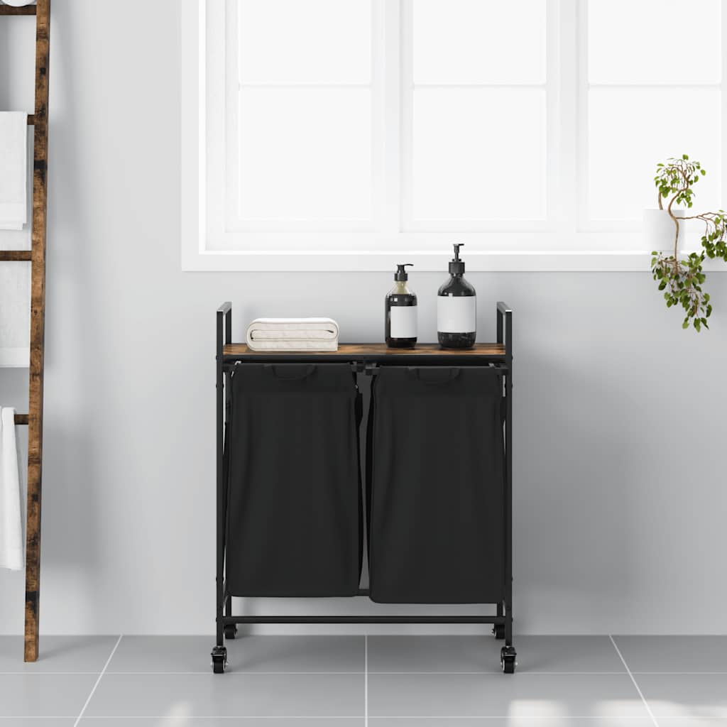 vasketøjskurv 2 rum med hjul røget egetræsfarve