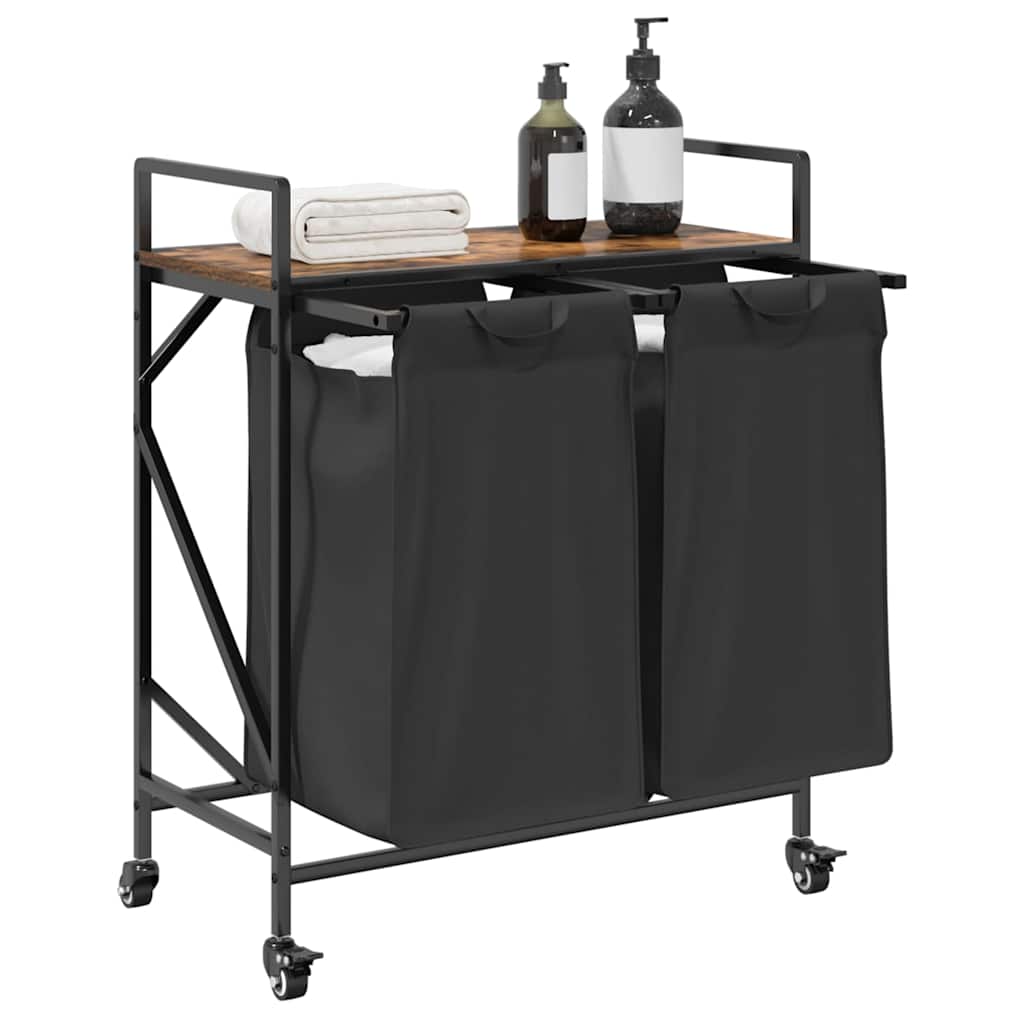 vasketøjskurv 2 rum med hjul røget egetræsfarve