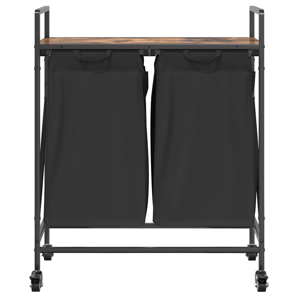 vasketøjskurv 2 rum med hjul røget egetræsfarve