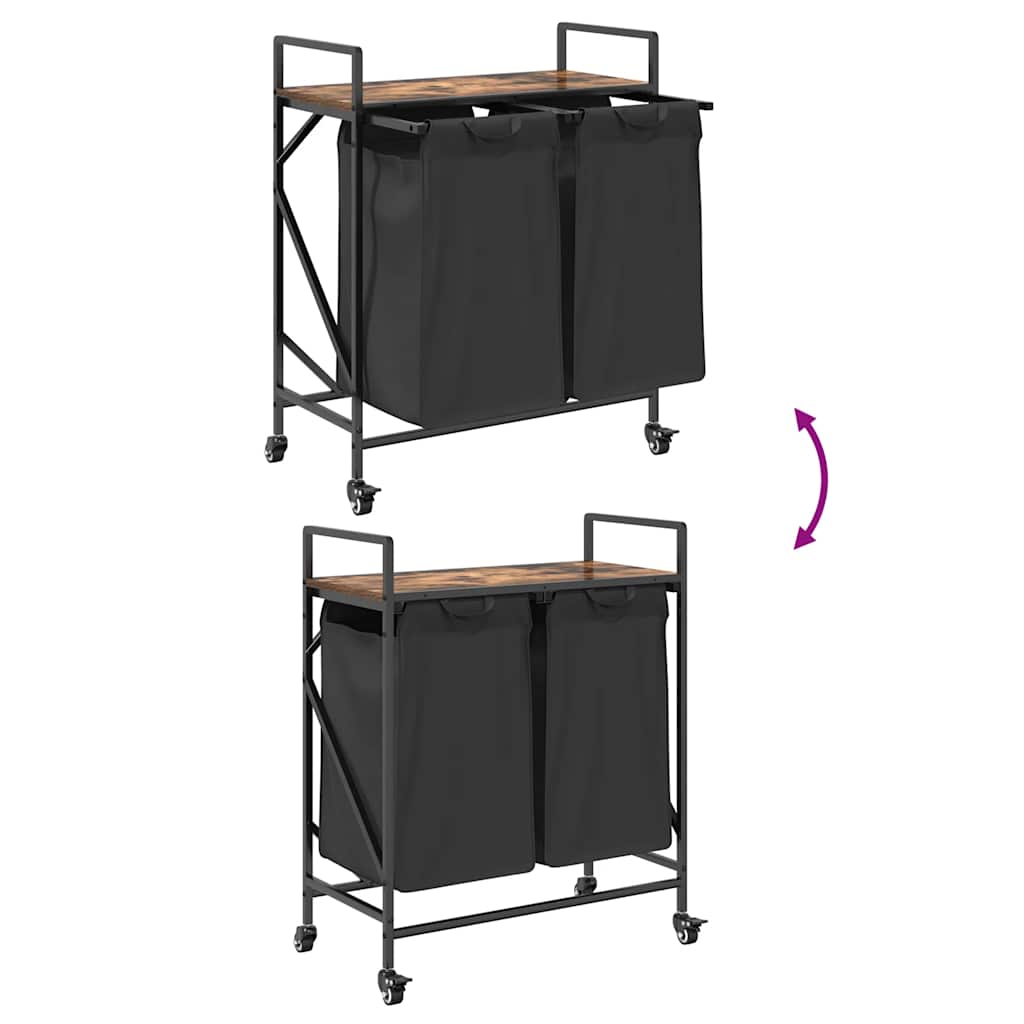 vasketøjskurv 2 rum med hjul røget egetræsfarve