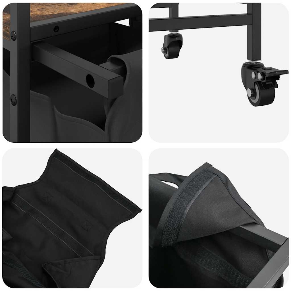 vasketøjskurv 2 rum med hjul røget egetræsfarve