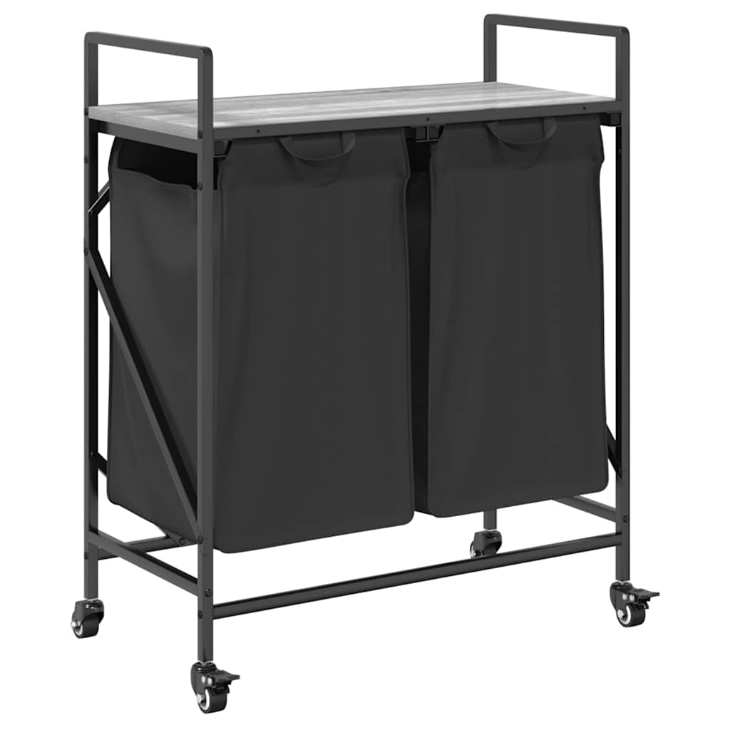 vasketøjskurv 2 rum med hjul grå sonoma-eg