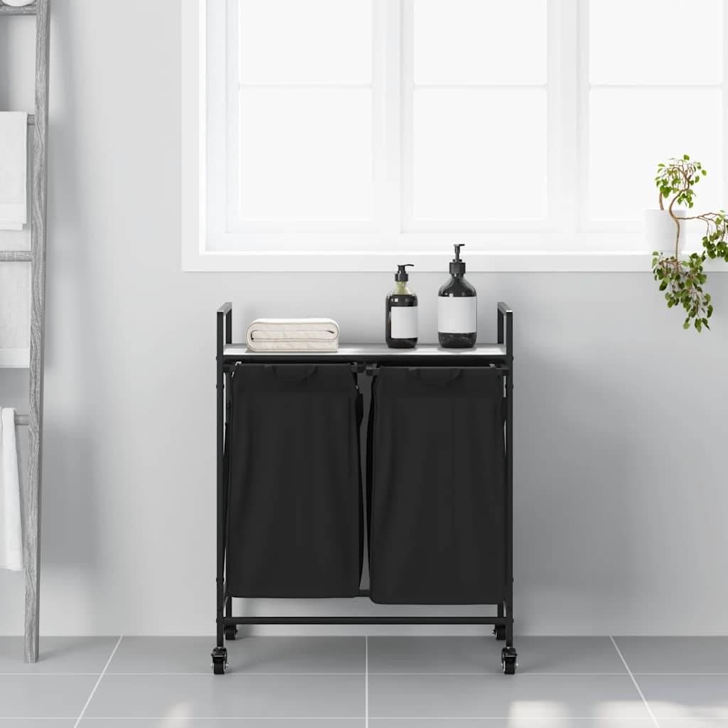 vasketøjskurv 2 rum med hjul grå sonoma-eg