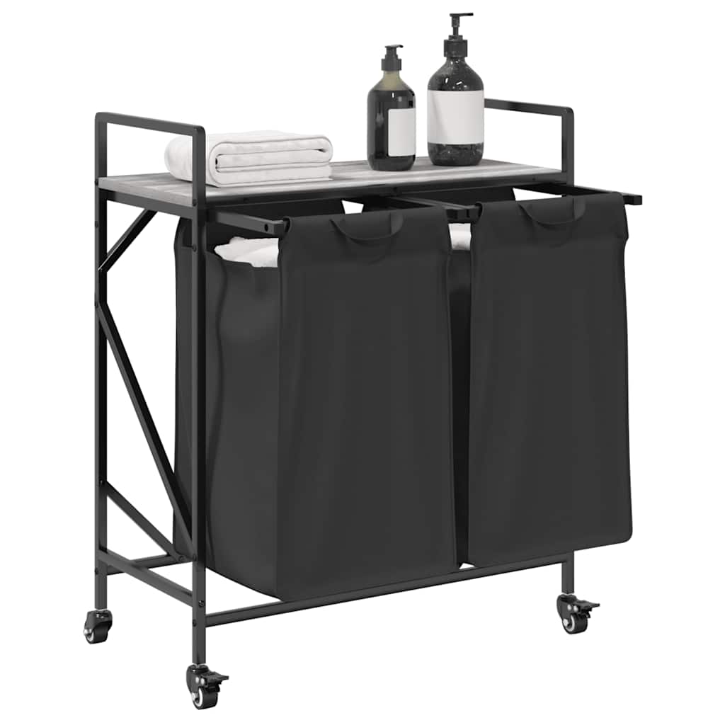 vasketøjskurv 2 rum med hjul grå sonoma-eg