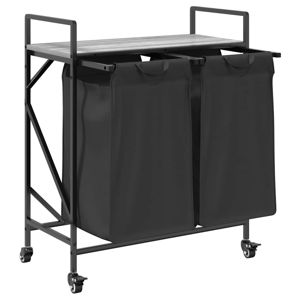 vasketøjskurv 2 rum med hjul grå sonoma-eg