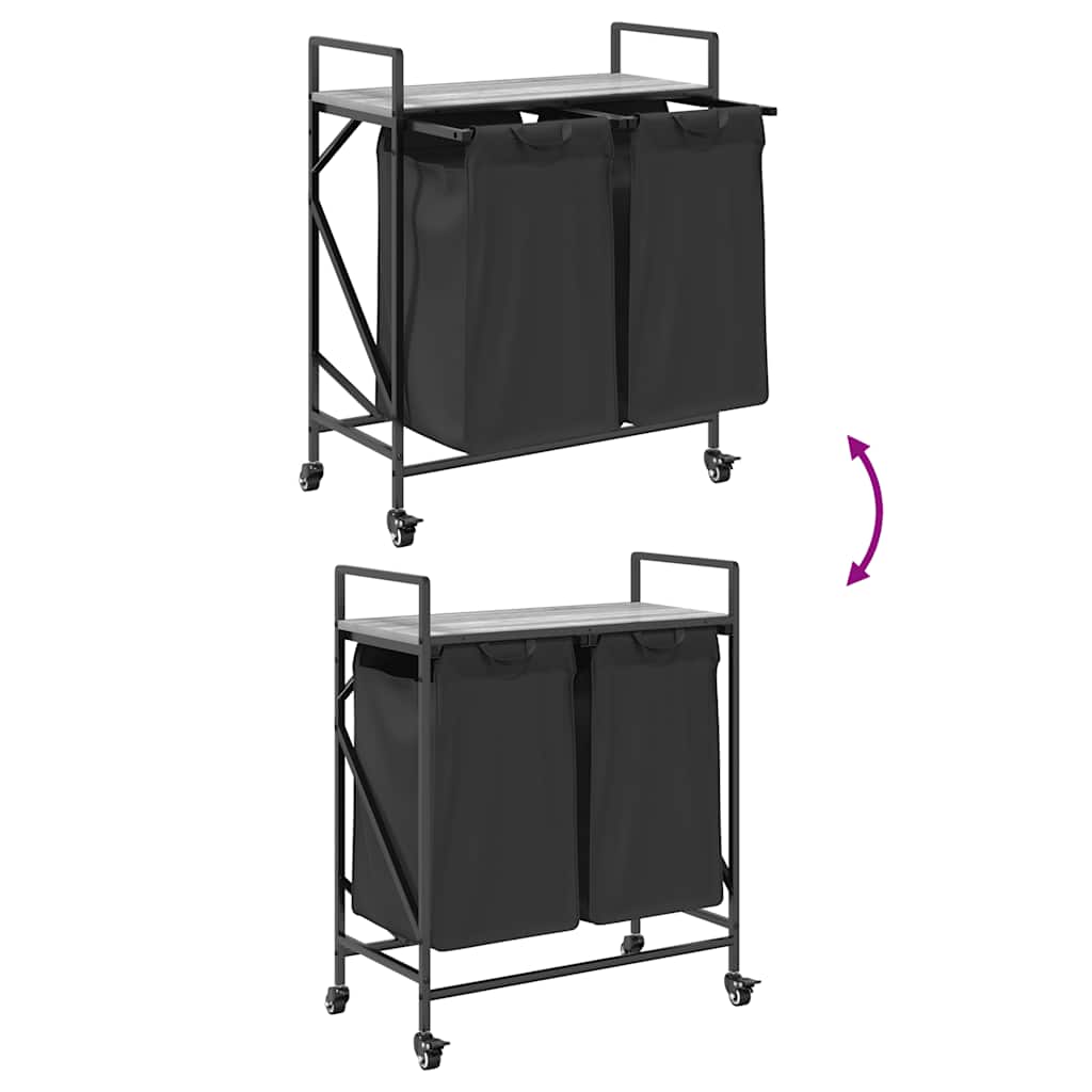 vasketøjskurv 2 rum med hjul grå sonoma-eg