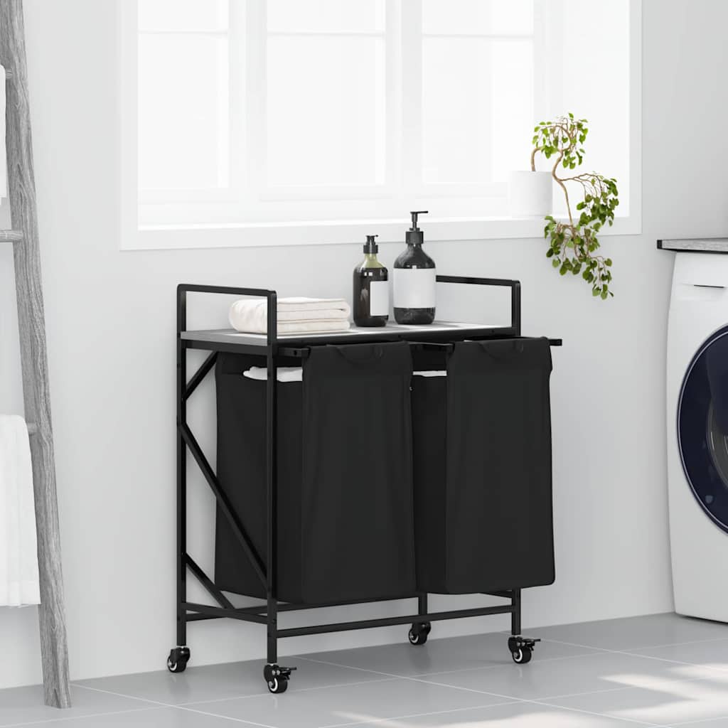 vasketøjskurv 2 rum med hjul grå sonoma-eg