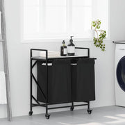 vasketøjskurv 2 rum med hjul grå sonoma-eg