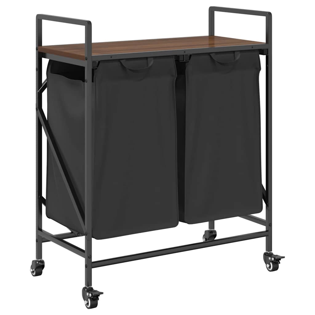 vasketøjskurv 2 rum med hjul brun egetræsfarve