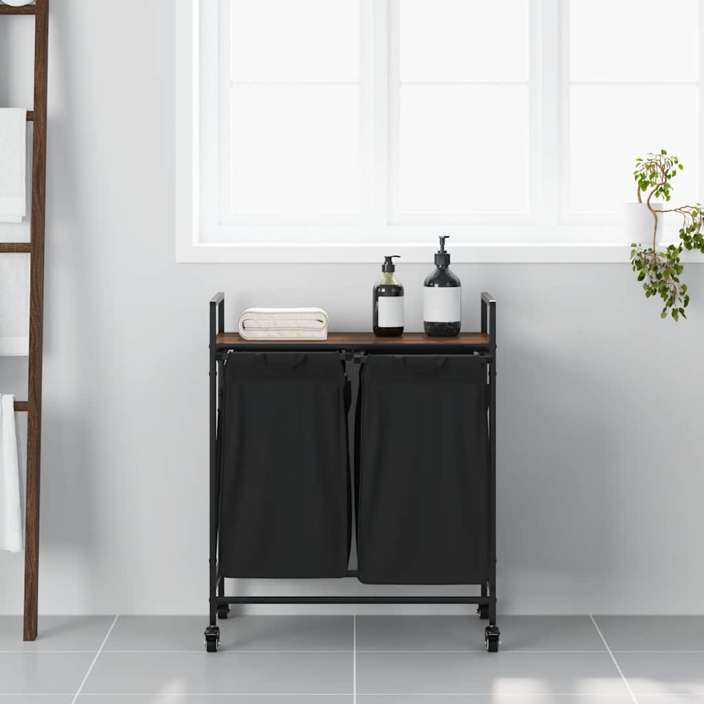 vasketøjskurv 2 rum med hjul brun egetræsfarve