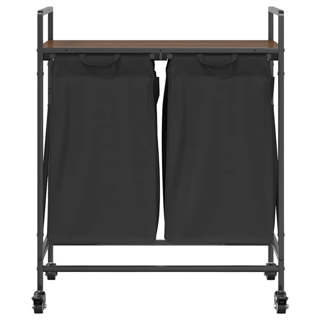 vasketøjskurv 2 rum med hjul brun egetræsfarve