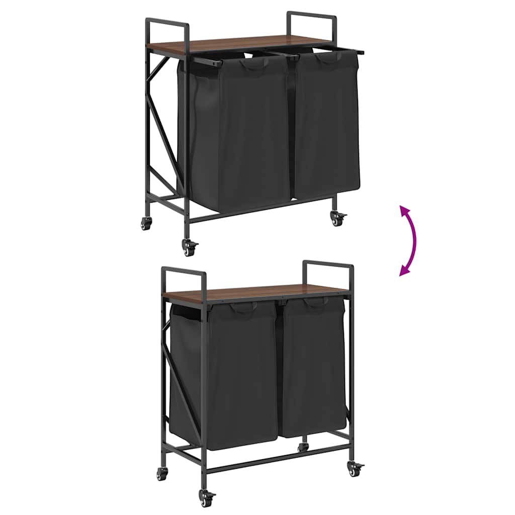 vasketøjskurv 2 rum med hjul brun egetræsfarve