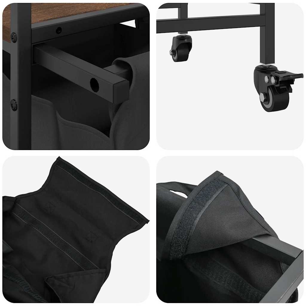 vasketøjskurv 2 rum med hjul brun egetræsfarve