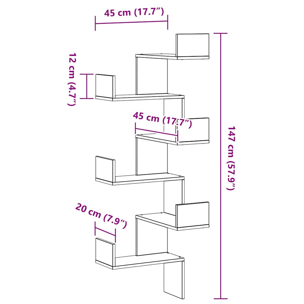 Væg Hjørneshylde med hylde Sort eg 45 x 45 x 147 cm