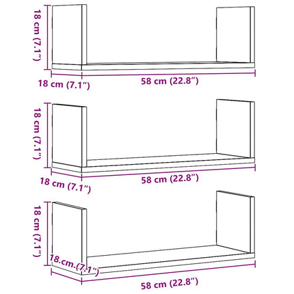 væghylder 3 stk. 58x18x18 cm konstrueret træ sort egetræsfarve