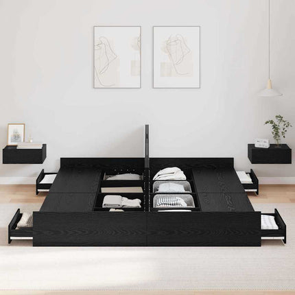 Seng med opbevaring Sort eg 200 x 200 cm Konstrueret træ