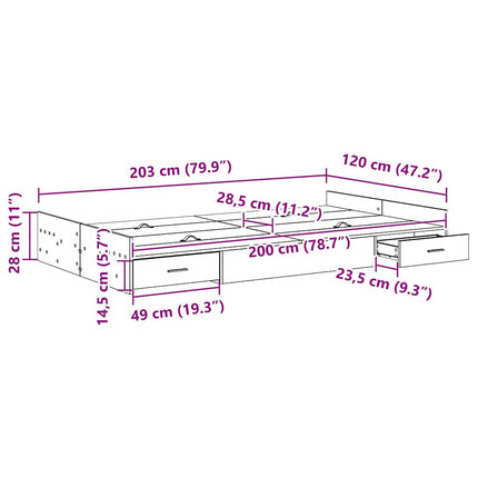Seng med opbevaring Beton Grå 120 x 200 cm Konstrueret træ