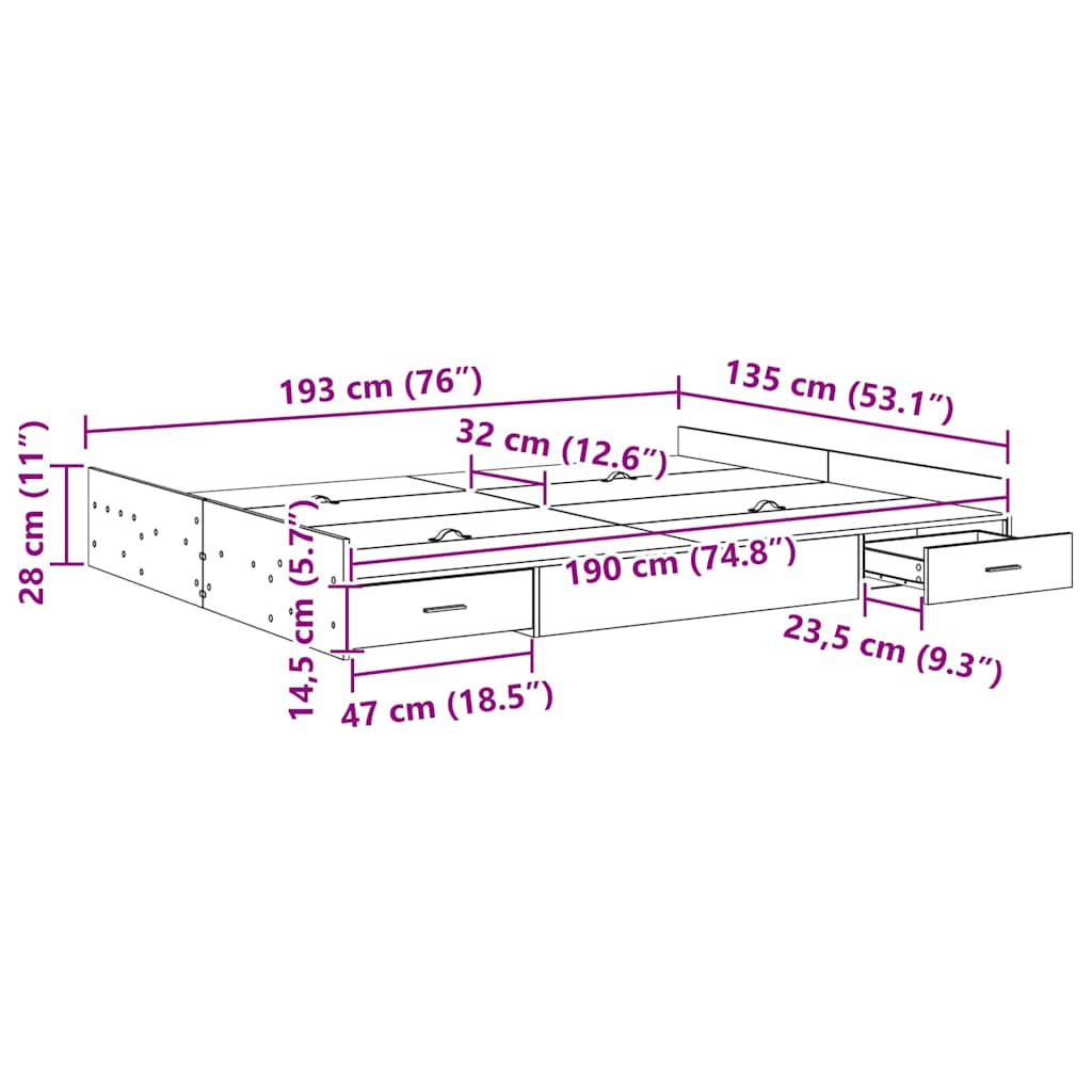 Seng med opbevaring Hvid 135 x 190 cm Konstrueret træ