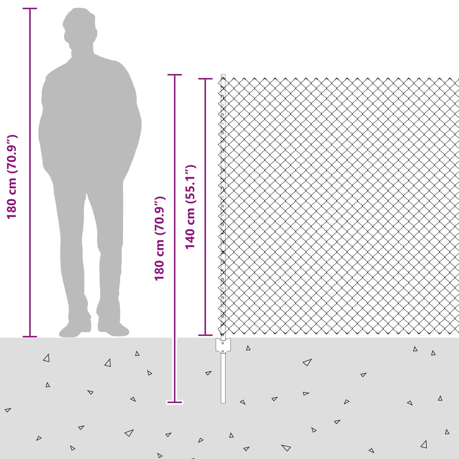 Kæde-link hegn med post 10 x 1,4 m (B x H) PVC-belagt stål Grå