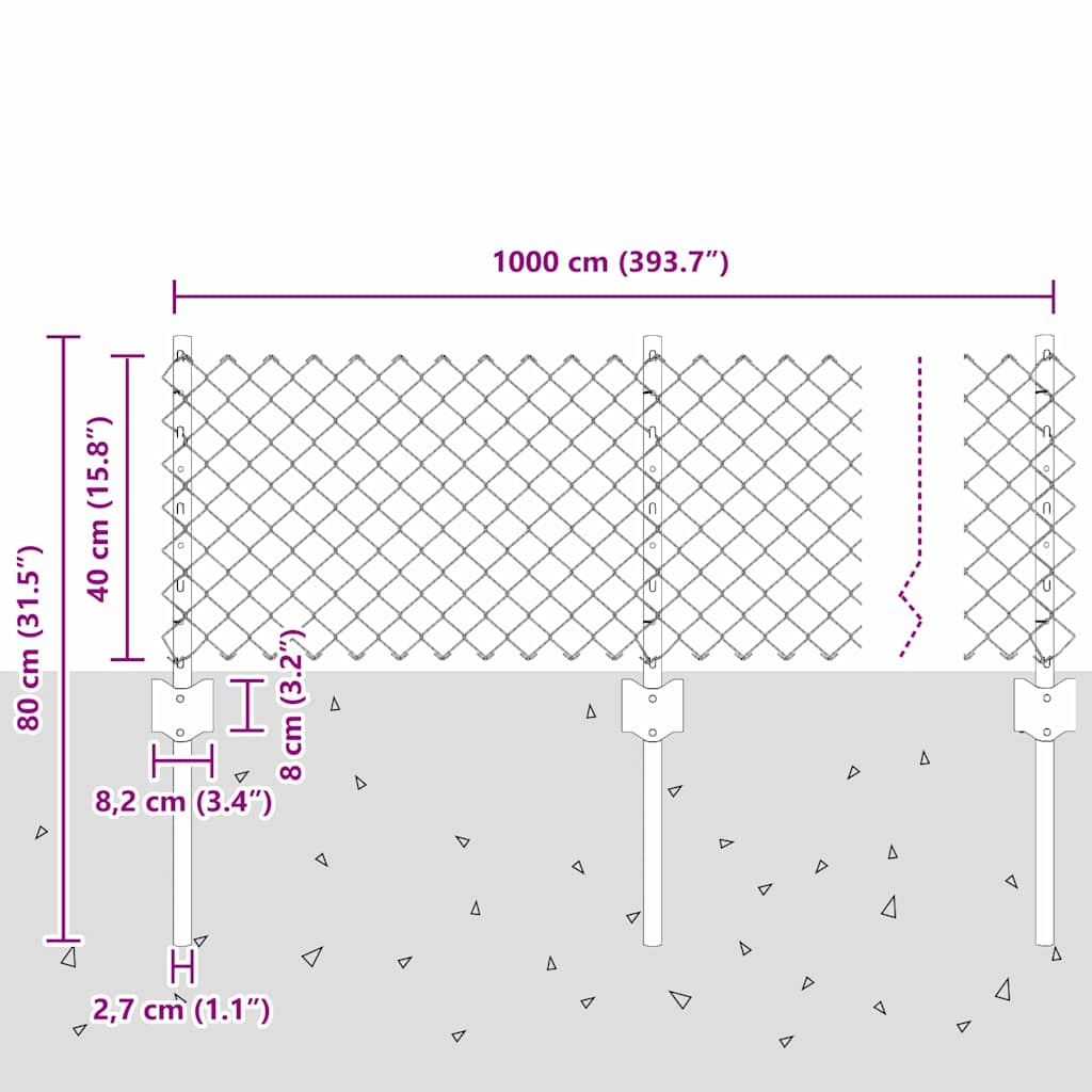 Kæde-link hegn med post 10 x 0,4 m (B x H)