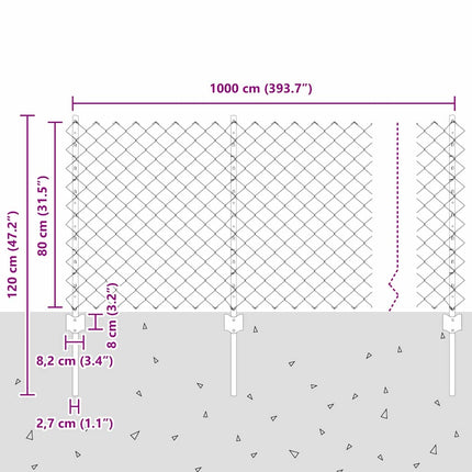 Udendørs kædehegn med stolpe 10 x 0,8 m Sølv Mesh