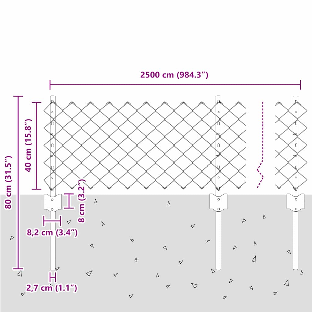 Kæde-link hegn med post 25 x 0,4 m (B x H)