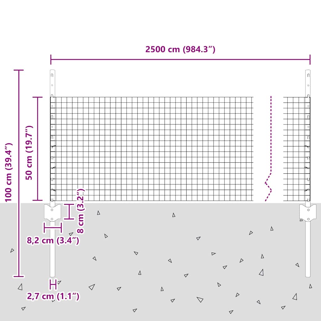 Svejsestålhegn med stolpe 25 x 0,5 m (B x H)