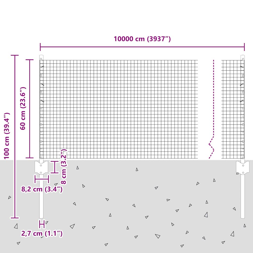 Svejsestålhegn med stolpe 100 x 0,6 m (B x H)