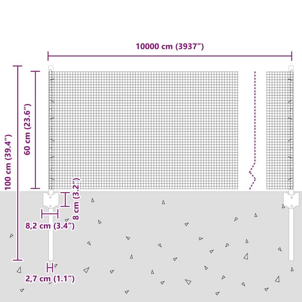 Svejsestålhegn med stolpe 100 x 0,6 m (B x H) PVC-belagt stål