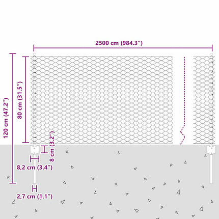 Sekskantet hegn med stolpe 25 x 0,8 m PVC-belagt stål Grå Mesh
