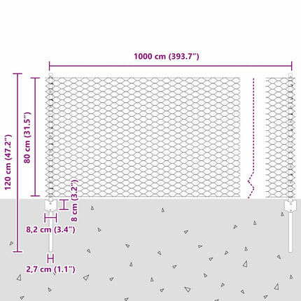 Sekskantet hegn med stolpe 10 x 0,8 m Galvaniseret stål Sølv