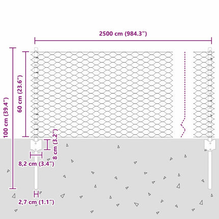 Udendørs sekskantet hegn med stolpe 25 x 0,6 m Sølv Mesh
