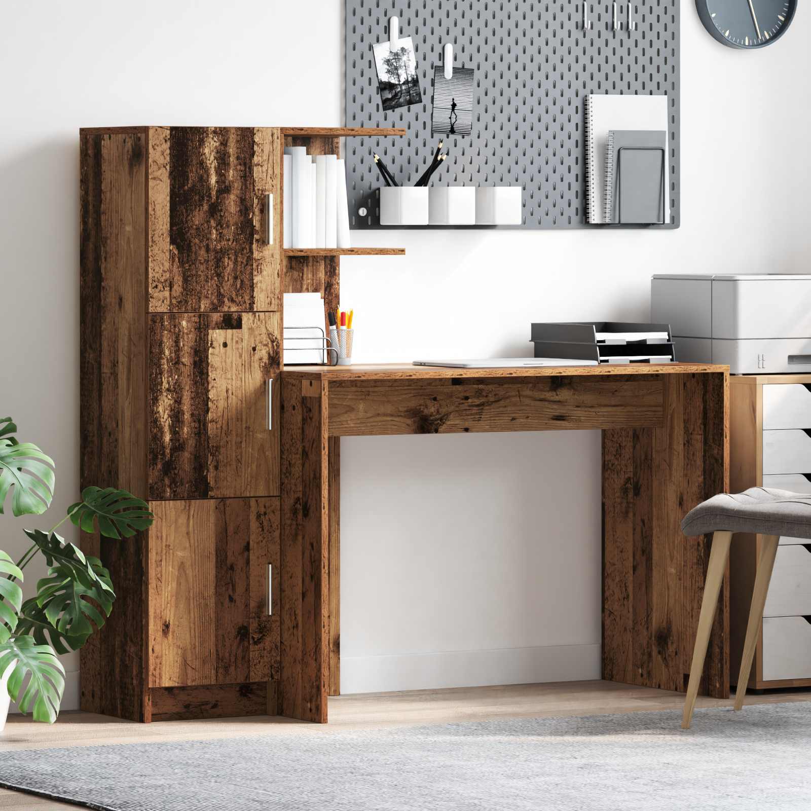 Skrivebord med skab - 2-delt sæt i gammel træ-look
