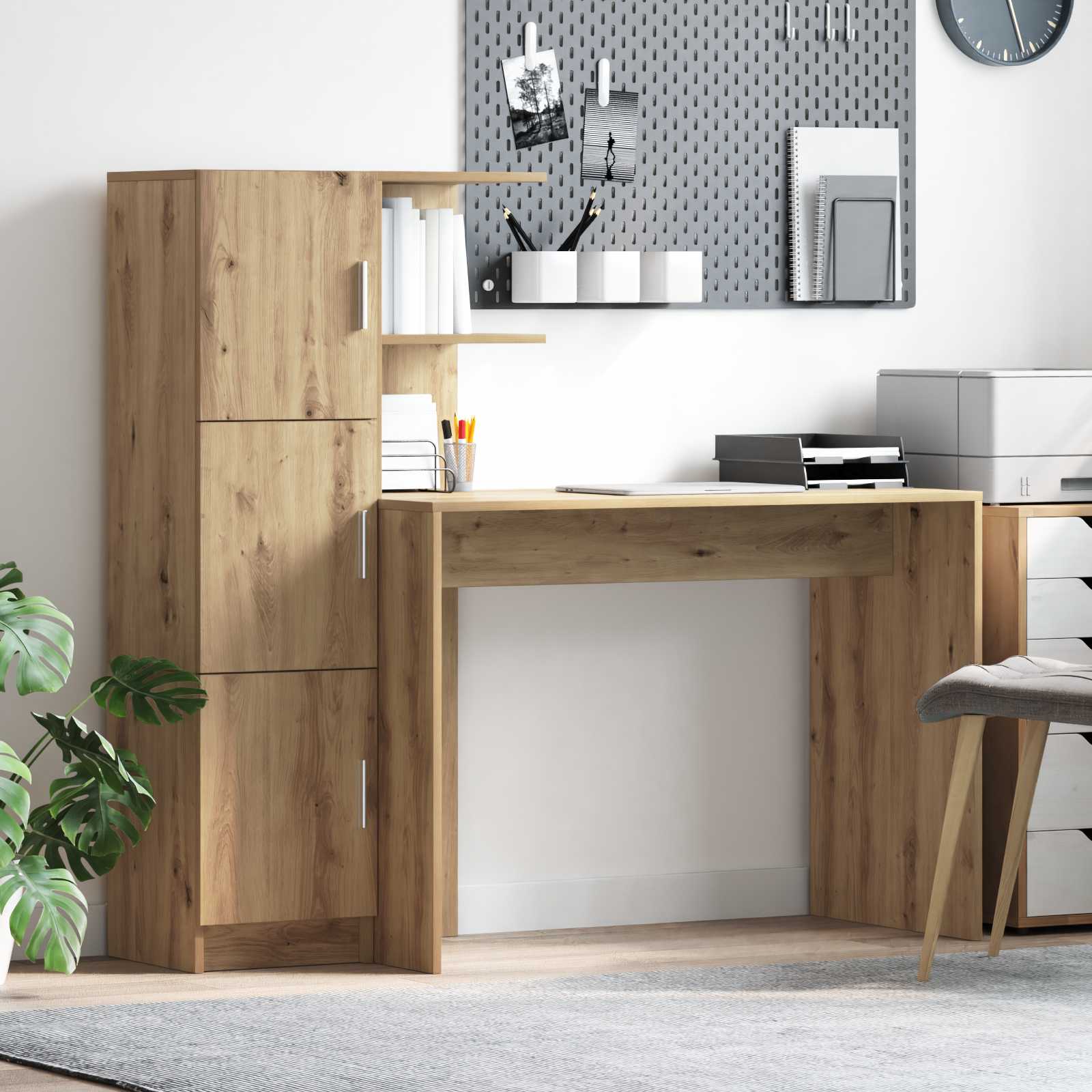 Skrivebord med skab - 2-delt i artisan egetræ, konstrueret træ