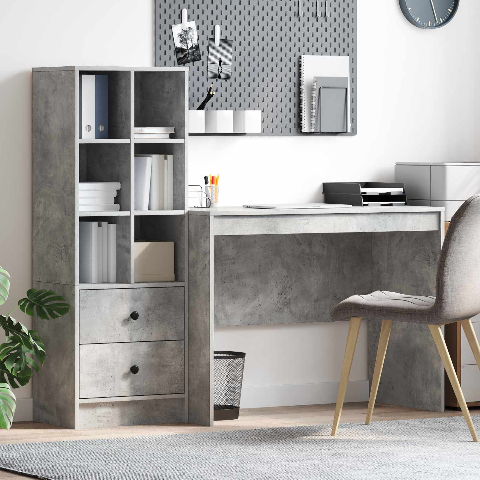 Skrivebord Med Opbevaring Med Skuffe 2 Dele Hvid 70 X 40 X 76 Cm - Betongrå / 100 x 50 cm