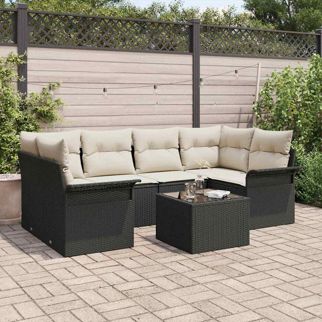 Havesofa Sæt med pude 7 pcs Sort polyrattan