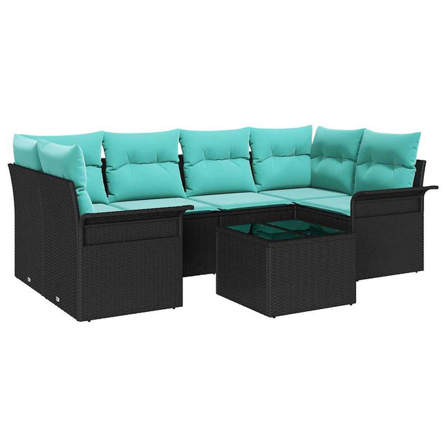 Havesofa Sæt med pude 7 pcs Sort polyrattan