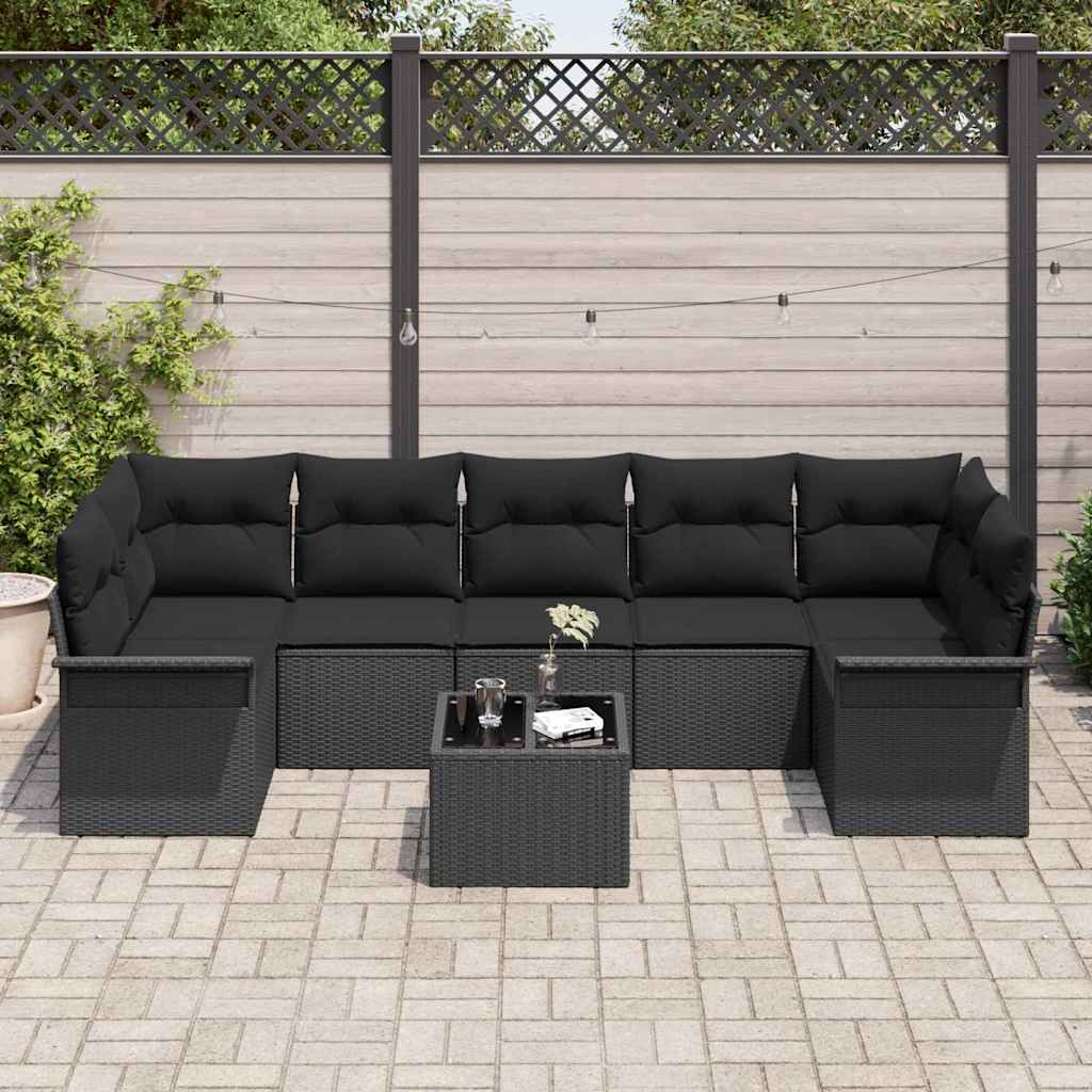 Havesofa Sæt med pude 8 pcs Sort polyrattan