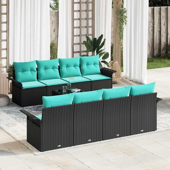 Havesofa Sæt med pude 9 pcs Sort polyrattan
