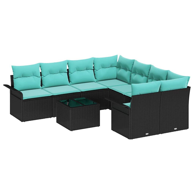 Havesofa Sæt med pude 9 pcs Sort polyrattan