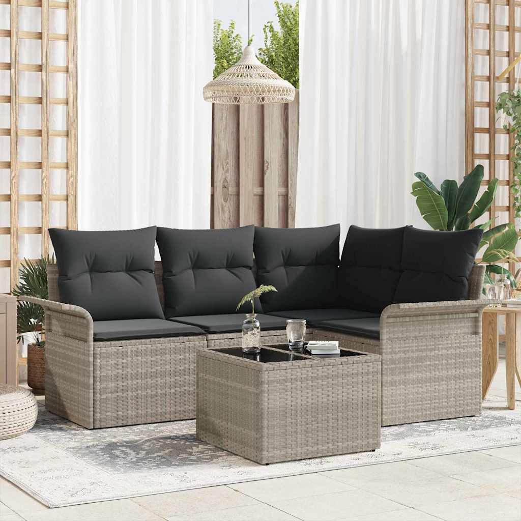 Havesofa Sæt med pude 5 pcs Lysegrå polyrattan
